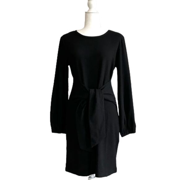 Fashion Dress Black Long Lantern Sleeve Crewneck Tie Waist Mini Dress Medium NEW - Picture 2 of 12